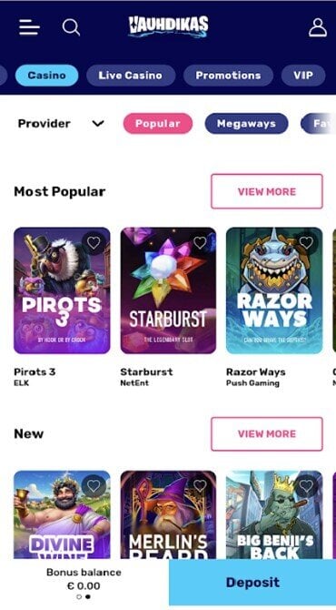 A screengrab of the Vauhdikas Casino game library