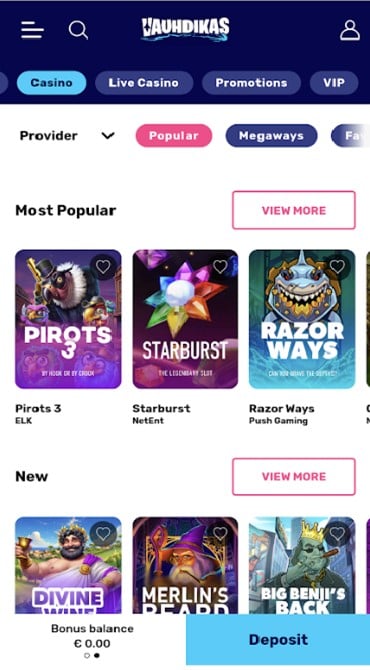 A screengrab of the Vauhdikas Casino game library