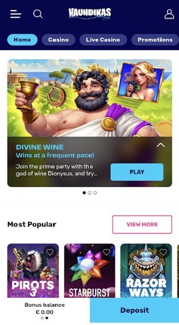 A screen grab of the Vauhdikas Casino homepage