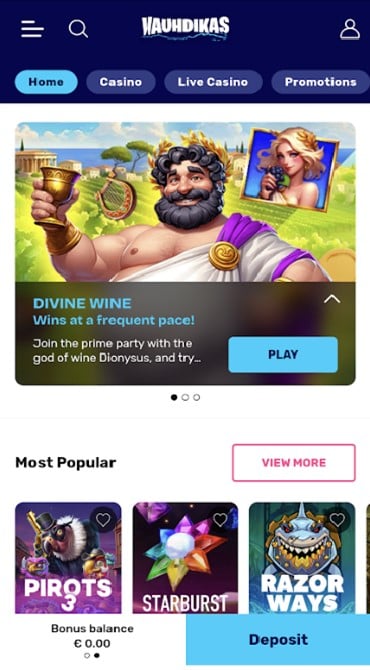 A screen grab of the Vauhdikas Casino homepage