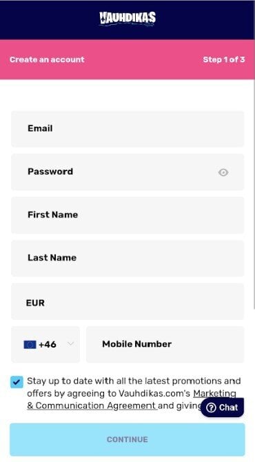 A screengrab of the Vauhdikas Casino registration form