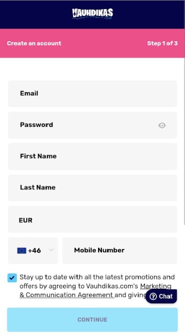 A screengrab of the Vauhdikas Casino registration form