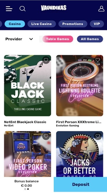 A screengrab of the Vauhdikas Casino table games
