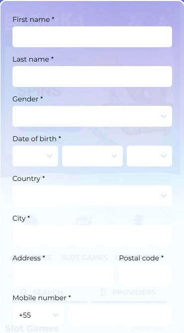 A screenshot showing the second step of the Taika Spins sign-up form