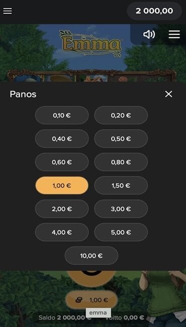 Kuva Emma-kolikkopelin panosvalikosta