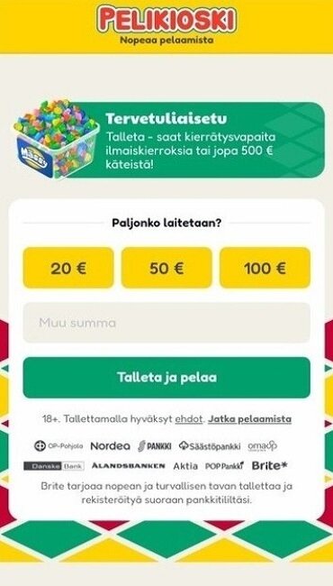 Näkymä kasinon etusivusta ja yläbannerista