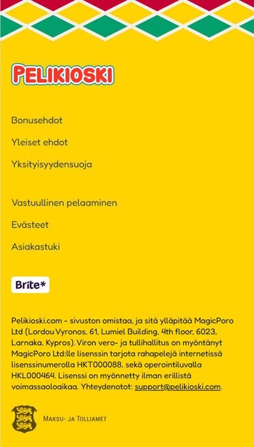 Näkymä kasinon osoitteesta ja lisenssitiedoista