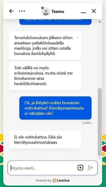 Näkymä aktiivisesta live chatista