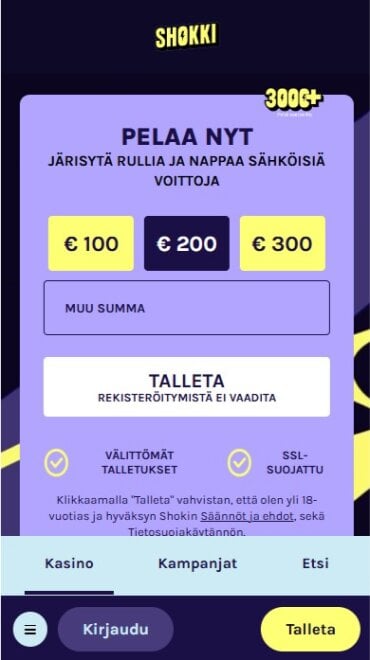 Tältä näyttää Shokki-kasinon pääsivu