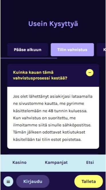 Tältä näyttää Shokki Casinon UKK-osio