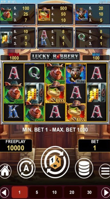 A Wild West slot where cowboy lizards, pigs, and mice are set up in front of a frontier bank, looking to snatch gold bars.