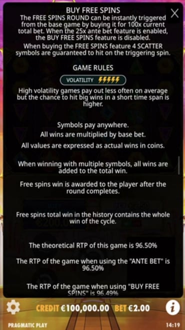 Gates of Olympus 1000’s game rules which shows how the bonus buy feature works.
