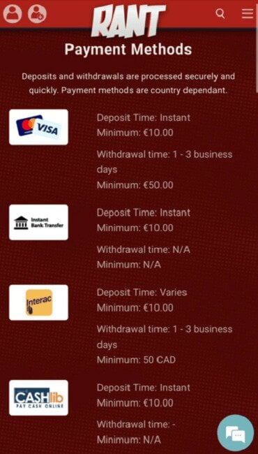 Rant Casino's payment methods are shown in the image. They are Visa and Mastercard, Instant Bank Transfer, Interac and Cashlib. Picture also shows transfer amount limits.
