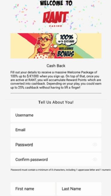 Screenshot of RANT Casinos sign-up form.