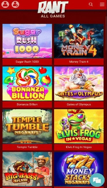 Screenshot of RANT Casinos game library with slots from Pragmatic Play and BGaming.