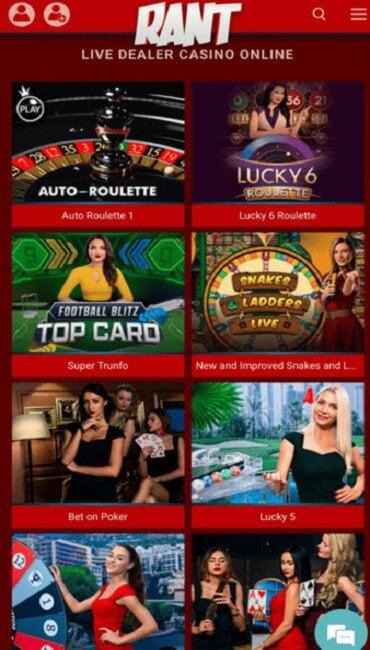 RANT Casinos live casino, which features table games and game shows.