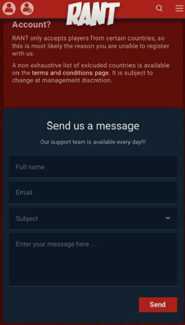 Screenshot of RANT Casinos customer support contact us form