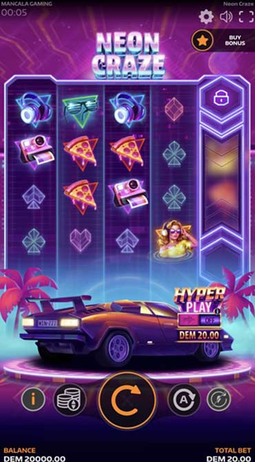 Here's screenshot of Mancala Gaming's futuristic slot title Neon Craze