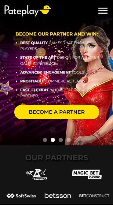 A screenshot of Pateplay’s homepage, showing their partners and the graphics available in their games.