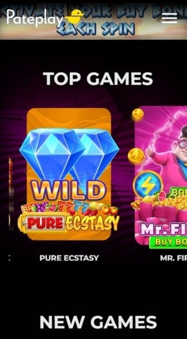 A screenshot of Pateplay’s slots page, showing two of their top games – Pure Ecstasy and Mr. First.