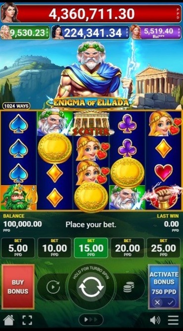 A screenshot of Pateplay’s Enigma of Ellada slot, showing the Greek God Zeus in front of a temple and countryside.