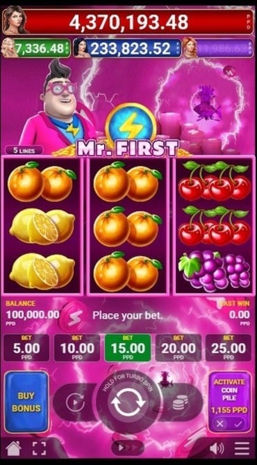 A screenshot of Pateplay’s Mr. First slot, with a bright pink, electric backdrop and a zany male host watching the game.