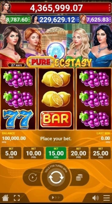 A screenshot of Pateplay’s Pure Ecstasy slot, with a Las Vegas background and multiple female characters above the game.