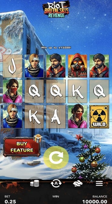 This screenshot shows the reels of Riot Brutalski's Revenge slot from Mascot Gaming