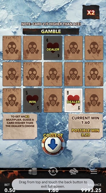 This screenshot shows the Risk Game in action in Mascot Gaming's Riot Brutalski's Revenge slot