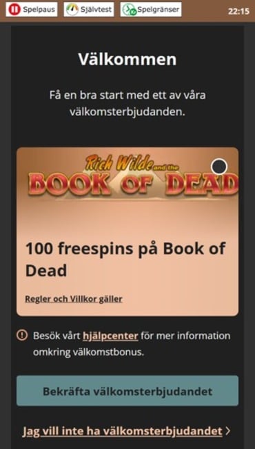 Sidan erbjuder ett välkomsterbjudande på 100 gratisnurr på Book of Dead för ny kunder.
