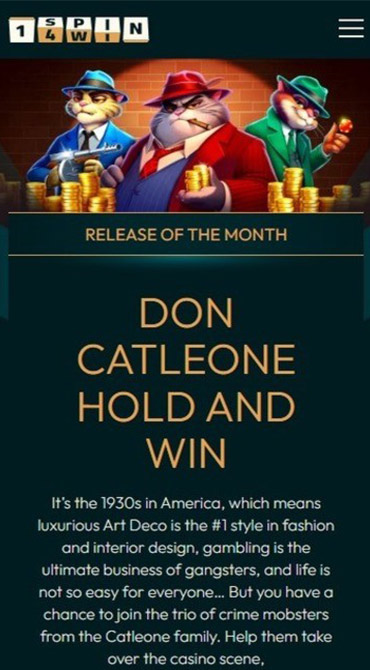 The homepage to 1spin4win’s site, where text announced to visitors that their ‘Release of the Month’ is Don Catleone Hold and Win.