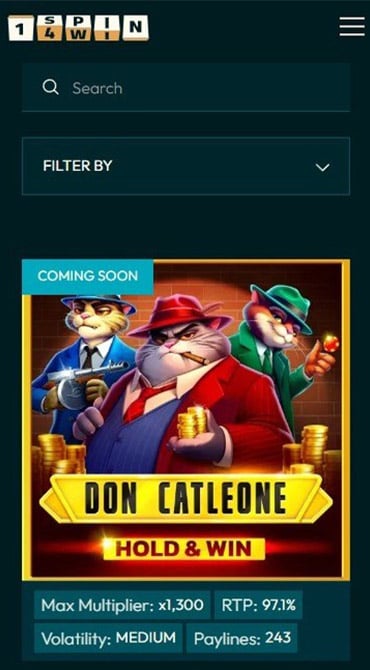 The scrollable slot library at 1spin4win, complete with a search bar, a filter, and the latest/upcoming games at the top with max multipliers, volatility, and RTP listed.