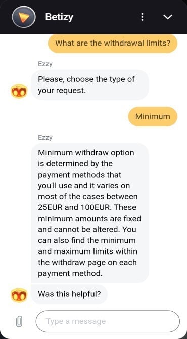 Chat log from a conversation with the live chat support bot at Betizy Casino.