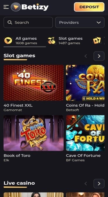 The Casino Games page at Betizy Casino. Shows search and filter features, along with game categories.