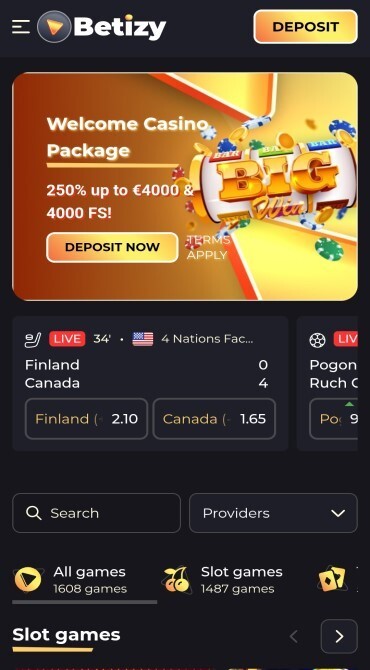 View of the home page on mobile showing all games selected, a deposit button, and a search and filter feature.