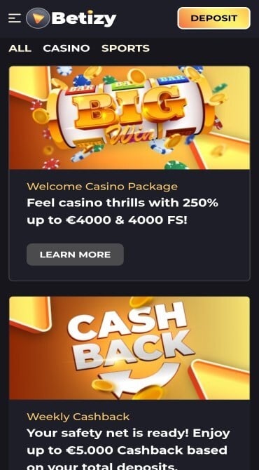 Promotions page on Betizy.io offers a Welcome Bonus for up to €4,000 and 4,000 Free Spins, plus a weekly cashback offer.
