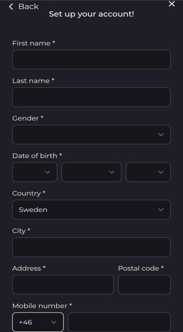 The second registration page of the signup process for Betizy Casino. Here it asks for personal details, including name, address, and phone number.
