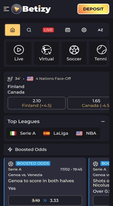 The home page to the Betizy Sports Betting section, showing some available bets on upcoming events and live betting category, as well as boosted odds.