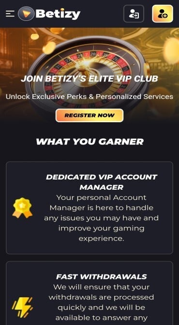 The VIP Club page for Betizy Casino, showing benefits such as a personal Account Manager and faster withdrawals.