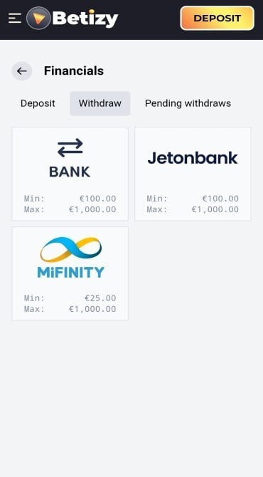 A list of all available withdrawal methods and min/max limits at Betizy Casino for a player based in Sweden.