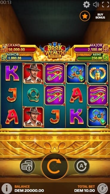 The five turquoise reels of Book of Wealth III in the starting position, with an Egyptian tomb background.