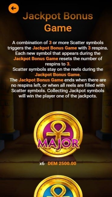 The jackpot info stated on Book of Wealth III’s paytable, including images of the jackpot symbol. Text explains that you land these symbols to win jackpots.