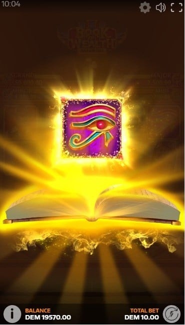 A demonstration of the transition minigame in Book of Wealth III, where a special symbol is chosen by the golden book.