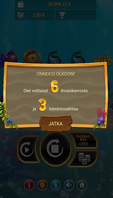 Ilmaiskierrosten aktivoituminen, ruutu näyttää ilmaiskierrosten ja valintojen määrän.