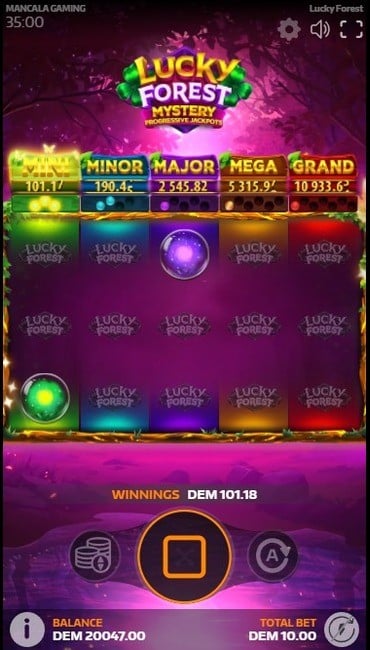 The Lucky Forest jackpot game in action. Colorful butterfly orbs land in color-coded reels, which are then collected in the spaces above the reel.