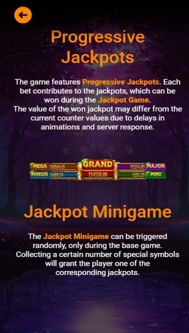 Text explains how the Lucky Forest mini, minor, major, mega, and grand jackpots work, with an image demonstrating how each jackpot is color-coded.