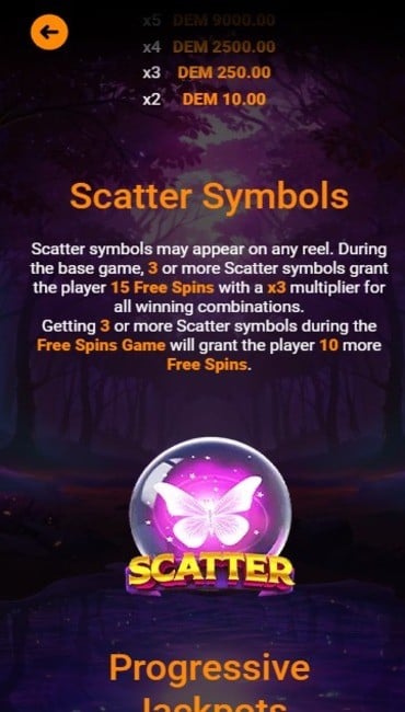 The Lucky Forest scatters on its paytable. Scatters are represented by a glass ball with a pink butterfly trapped inside, and it explains how these three scatters award free spins.