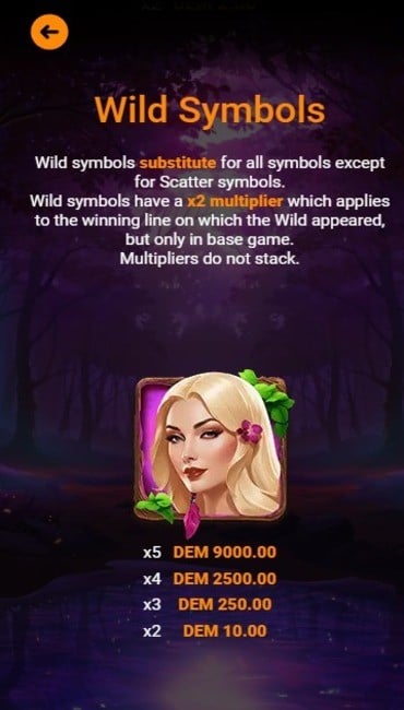 The Lucky Forest wild symbol on its paytable. Wilds are represented by a blonde woman, while text explains how wilds substitute for symbols and apply a 2x multiplier in this game.