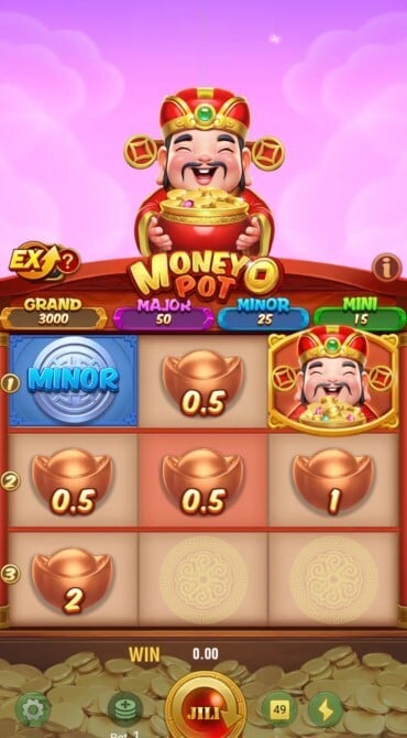 A double line win on the Money Pot slot game, with a Minor jackpot prize included.