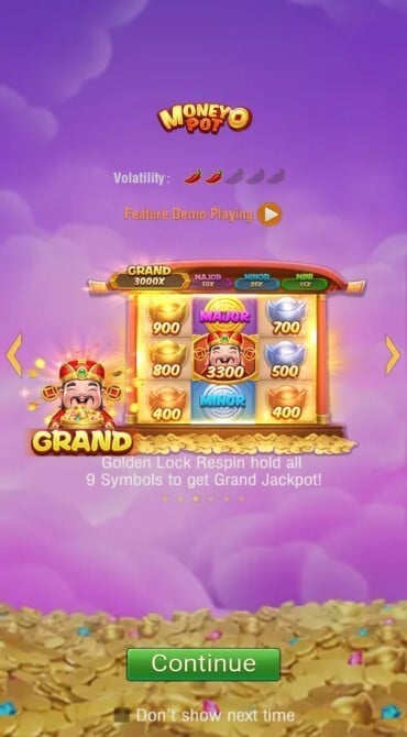 The intro page of the Money Pot slot game, showcasing its Golden Lock Respin feature and how to get the Grand Jackpot.